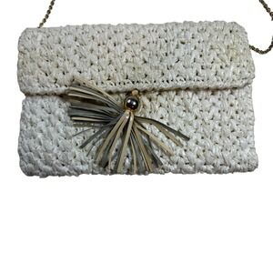 Rodo Raffia Crochet Clutch Handbag Gold Chain Tassel Ivory Evening‎ Bag